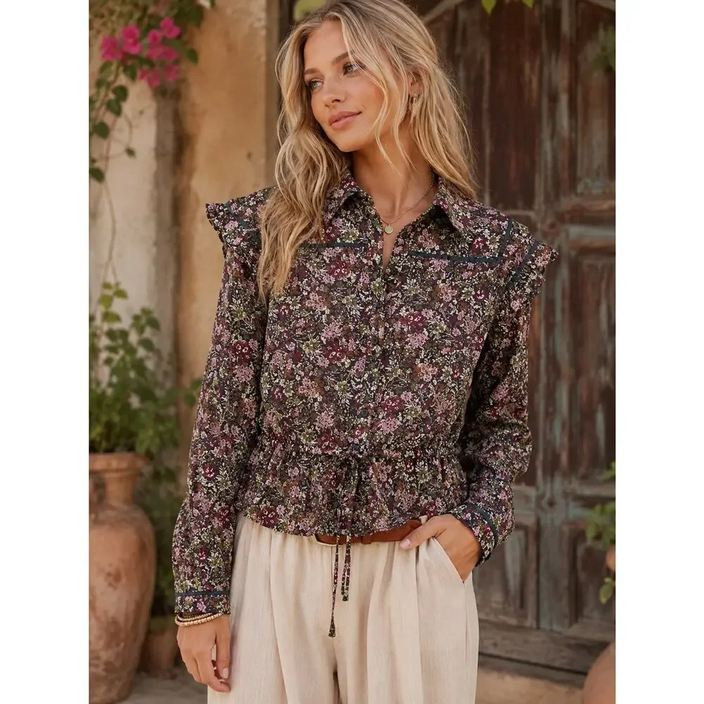 Free People Daybreak Top Womens Small Moody Floral Boho Ruffled Blouse